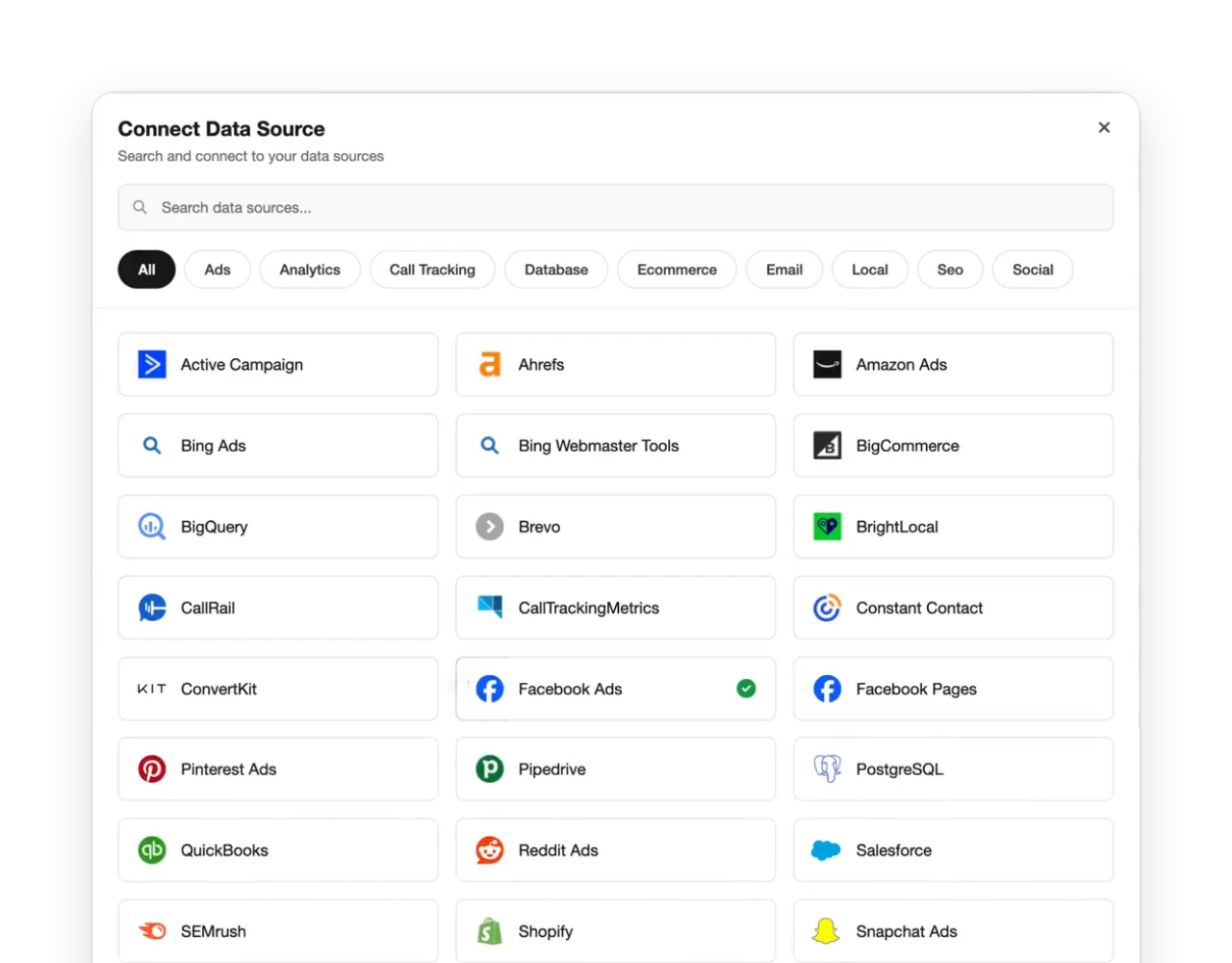 The redesigned Connect Data Source modal with search and category filters.