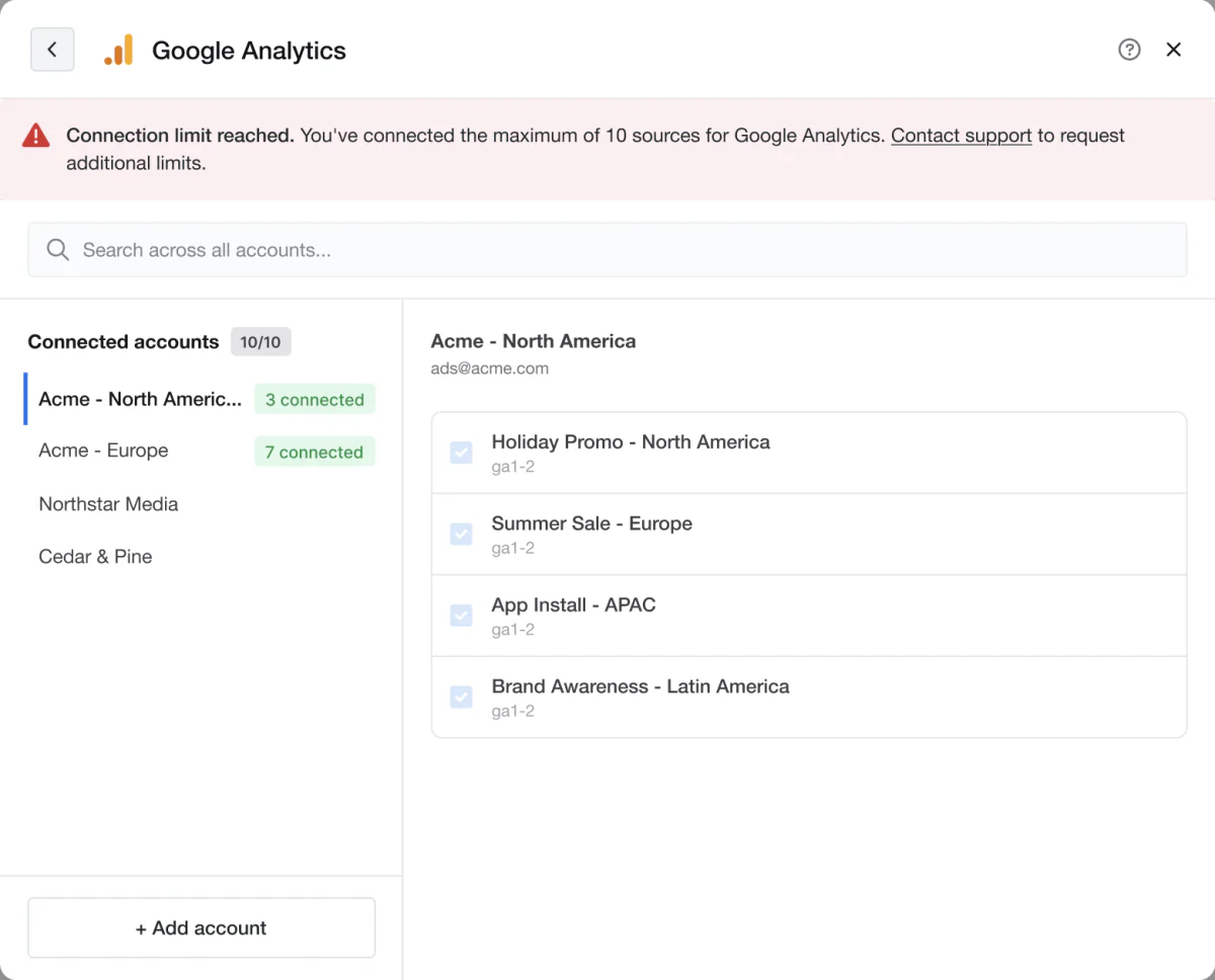 Google Analytics connection modal with a "Connection limit reached" banner explaining the 10 source maximum and linking to support
