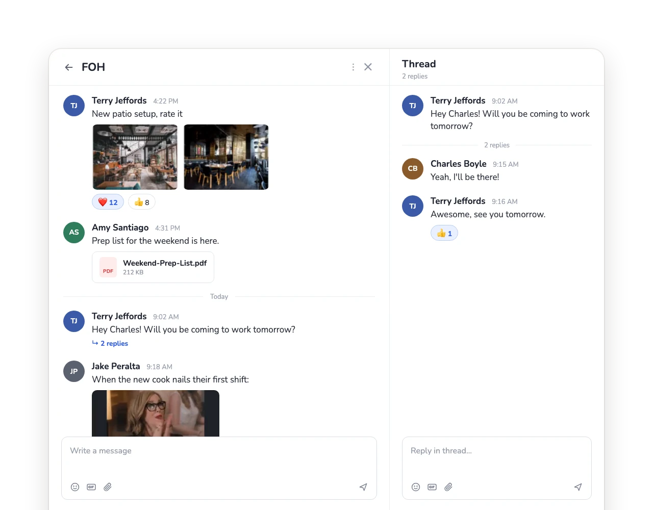 The modernized 7shifts conversation view with images, reactions, attachments, and a thread panel.