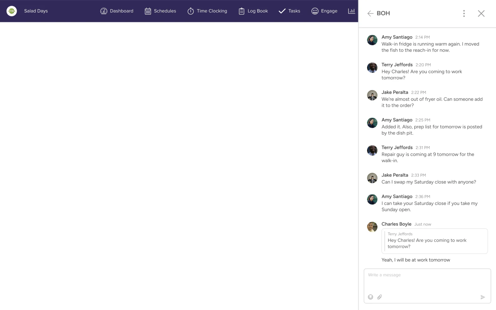 Concept: the BOH group chat with an inline reply, where Charles Boyle's answer appears in the main conversation quoting Terry Jeffords' earlier message