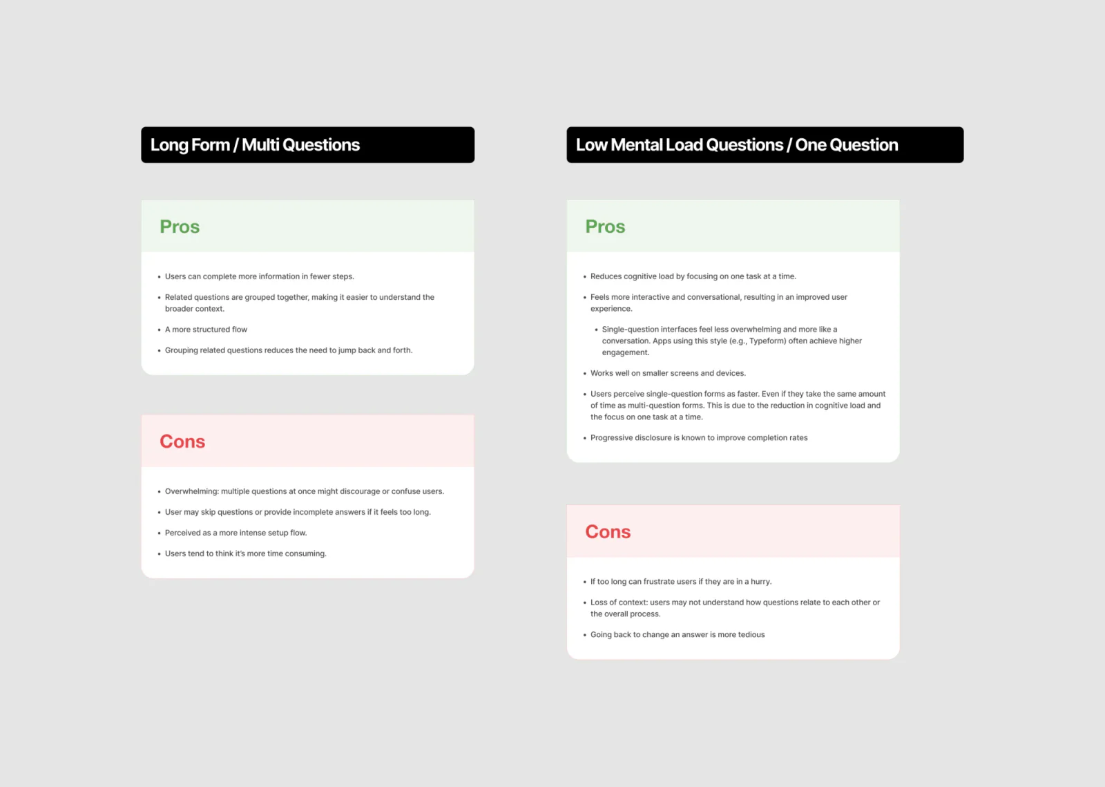 Pros and cons comparison of long-form multi-question vs. low mental load single-question onboarding