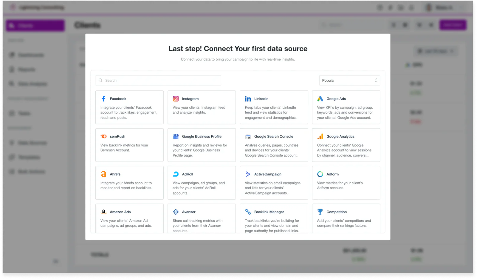 Last step of onboarding prompting users to connect their first data source