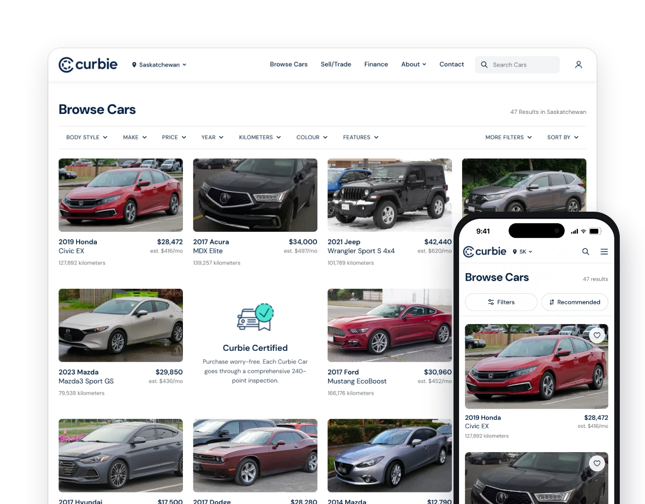 Curbie's Browse Cars page: a grid of vehicles under filter dropdowns, with the mobile version alongside.