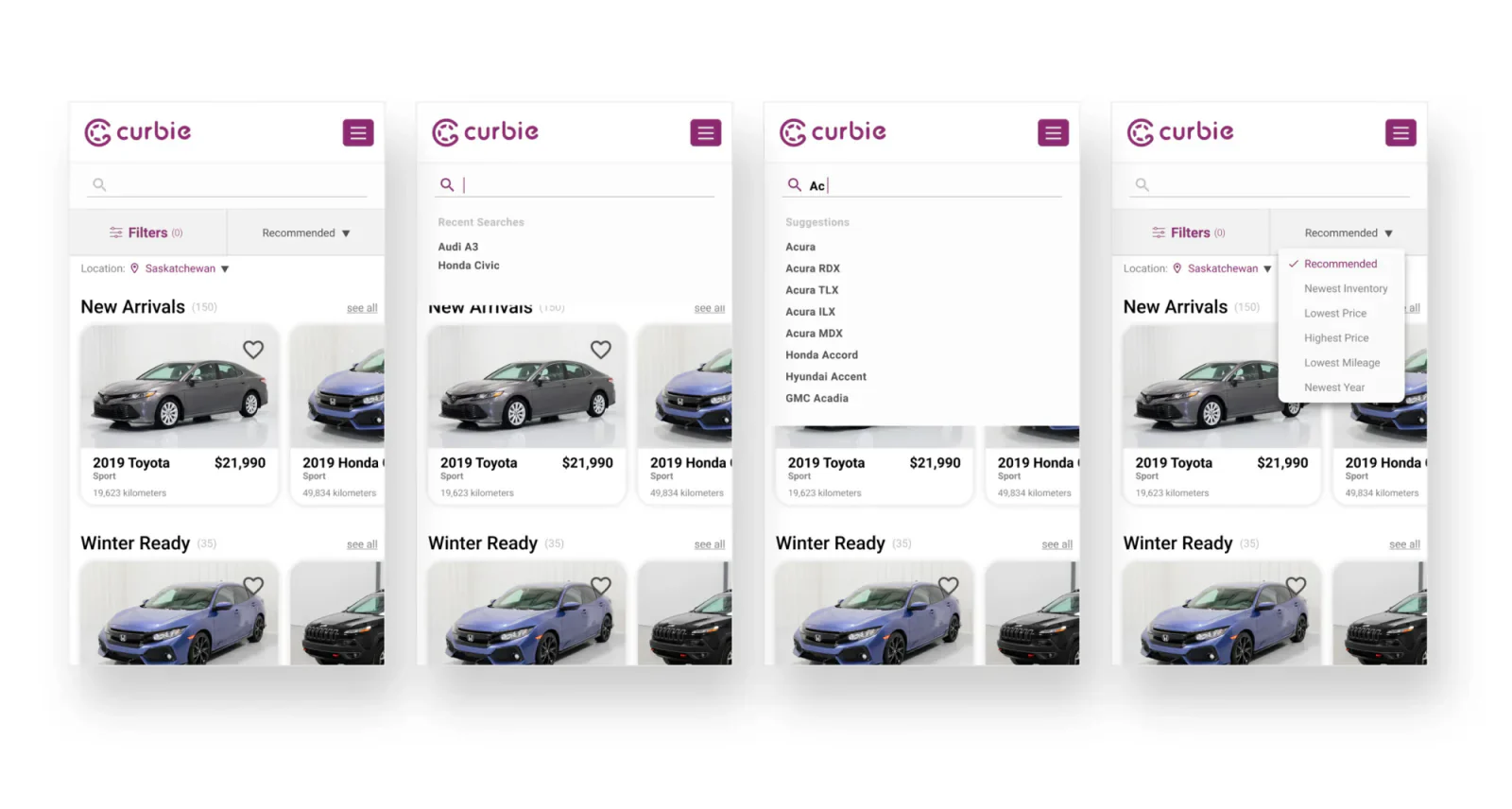 Wireframe of search-in-progress states (recent searches and suggestions) in Curbie's earlier purple branding