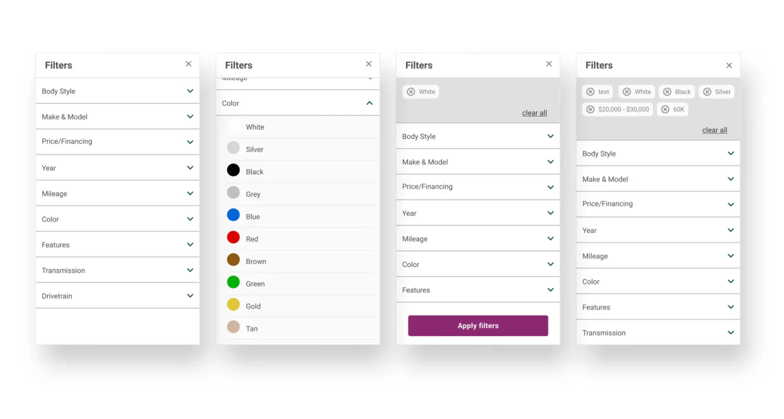 Wireframe of the filters panel open, including color swatches and applied filter chips, in Curbie's earlier purple branding