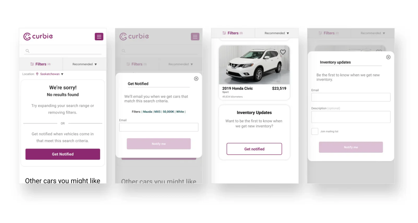 Wireframe of the no-results state and get-notified modal in Curbie's earlier purple branding