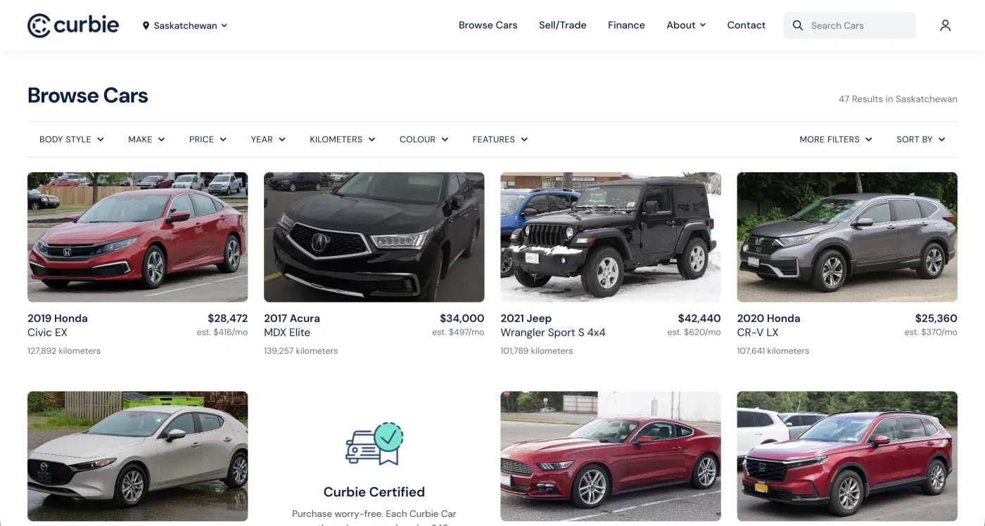 Shipped Browse Cars page on desktop: a single grid of vehicles with photo, price, monthly estimate, and kilometers, under a row of filter dropdowns and sort